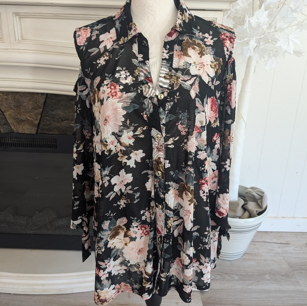 Black floral cold shoulder blouse